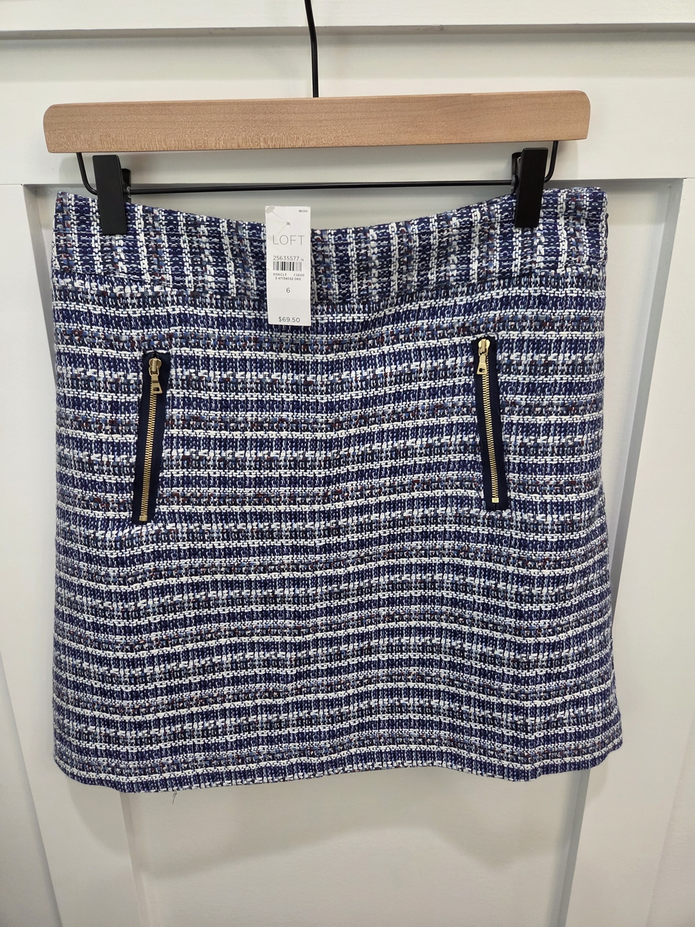 LOFT Navy and White Tweed Mini Skirt with Gold Zippers